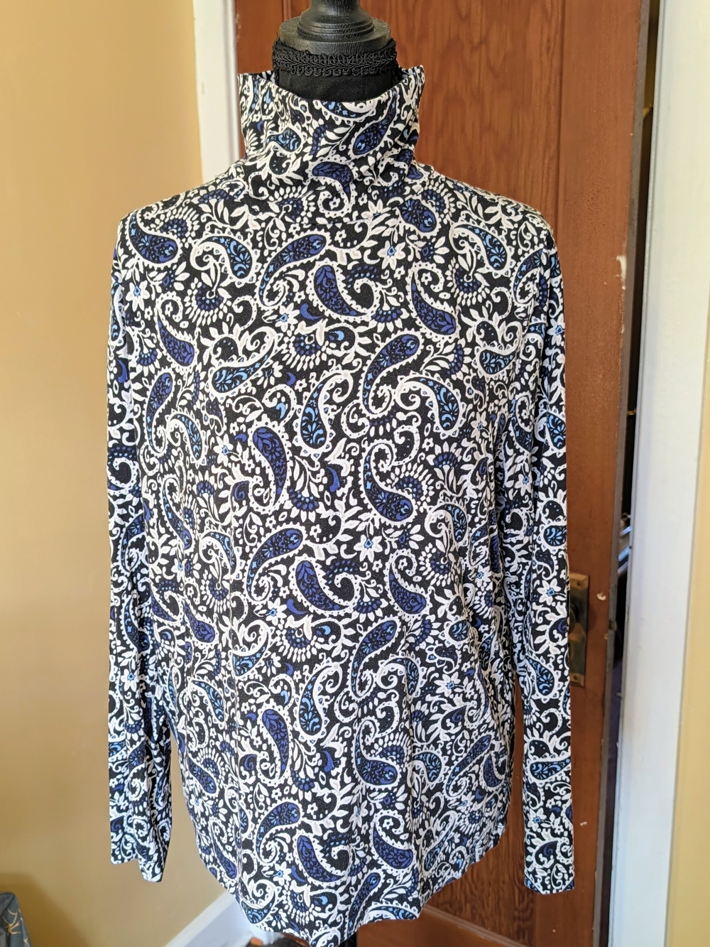 LOFT Petite Black and Cream Paisley High Neck Blouse
